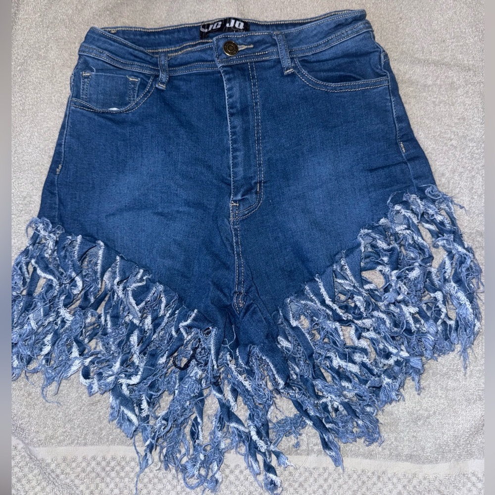 JC JQ Denim Fringe Shorts Women Large Tassel Stretch Festival High Waist NEW